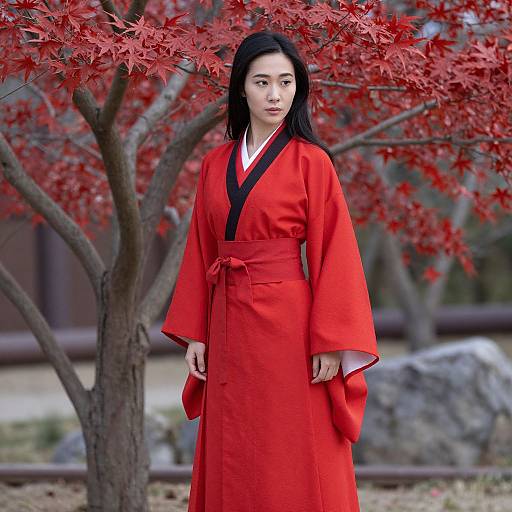 Photograph of an Asian woman with long black hair, wearing a vibrant red kimono with black trim, standing in front of a red-leaved tree
