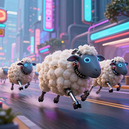 Digital art: Glowing cyber-wool sheep with black faces and blue eyes run through a neon-lit, futuristic city street at night.