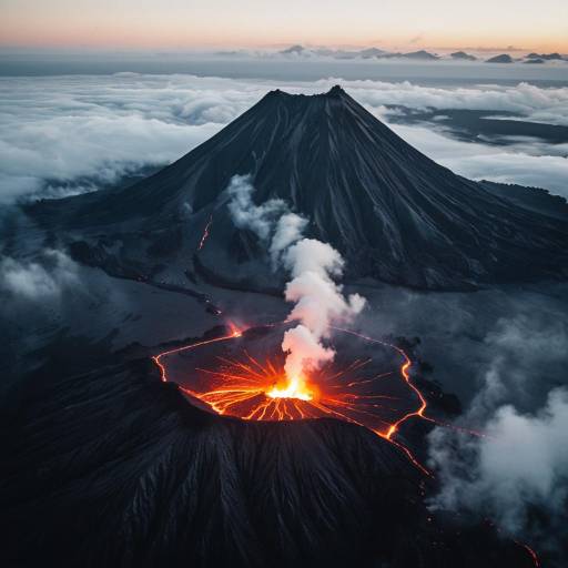 Aerial View of Erupting Volcano at Dawn