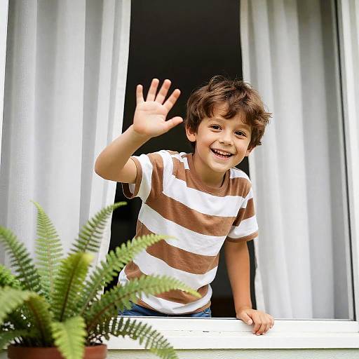 Cheerful Boy Waving from Window