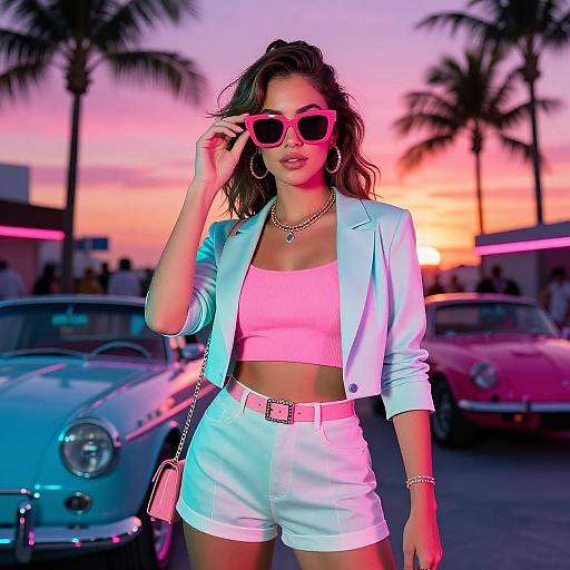 Photograph of a stylish woman with wavy hair, wearing a pink crop top, white shorts, light blue blazer, pink sunglasses, and hoop