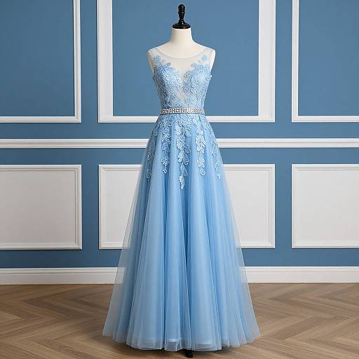 Photograph of a light blue, lace-embellished, floor-length, sleeveless dress on a black dress mannequin, displayed against a