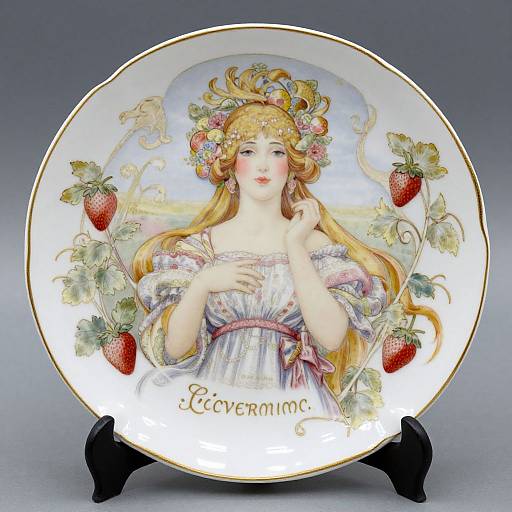 Ornate porcelain plate featuring a fair-skinned, blonde woman with floral headpiece, wearing a pastel dress, surrounded by strawberries, displayed on