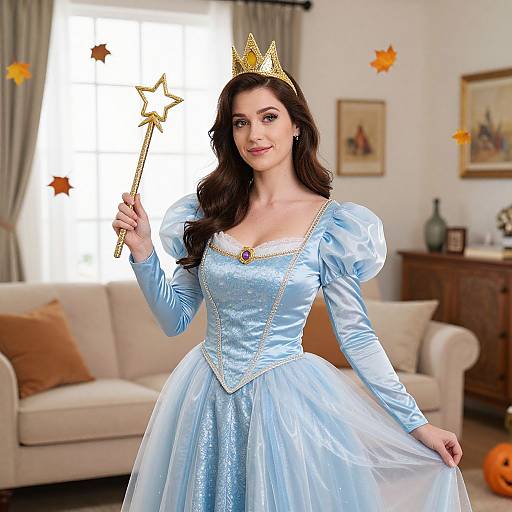 Photograph of a fair-skinned woman with long dark hair, wearing a light blue Disney-style princess dress, gold crown, and star wand, in