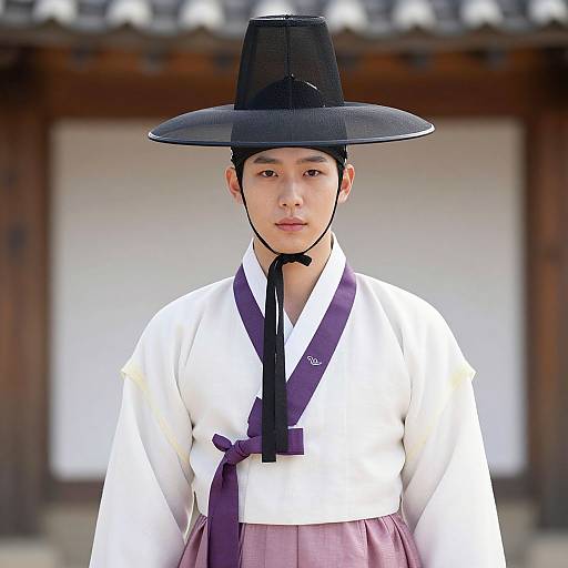 Photograph of an Asian man in traditional Korean hanbok, white top with purple sash, black hat, standing in front of a wooden building