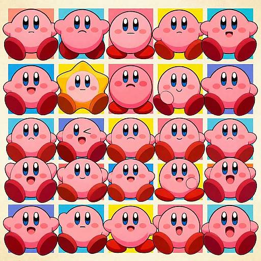 Colorful digital drawing of 16 Kirby characters in a grid, displaying various expressions, pink round bodies, red feet, blue and yellow backgrounds.