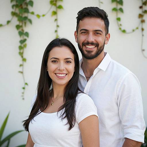 Photograph of a smiling couple with dark hair, wearing white shirts, standing close together against a white wall with green vines.
