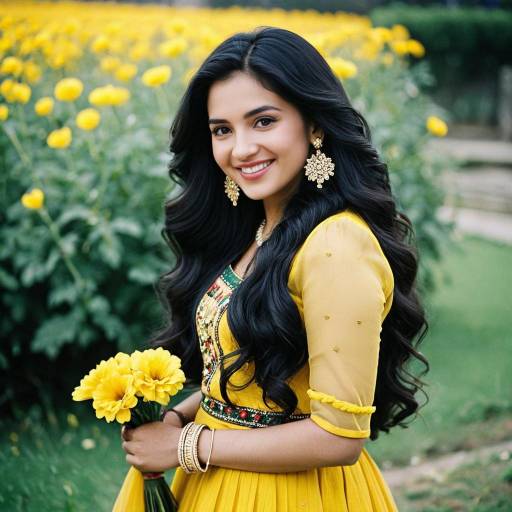 Smiling Woman in Yellow Ghagra Dress with Flowers