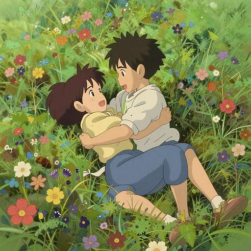 Anime-style illustration of a young boy with black hair in a white shirt and blue shorts, hugging a girl with brown hair in a yellow shirt,
