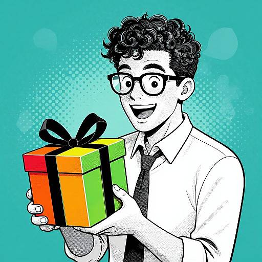 Digital anime-style drawing of a curly-haired, glasses-wearing man in a white shirt and black tie, smiling while holding a colorful, ribbon-tied