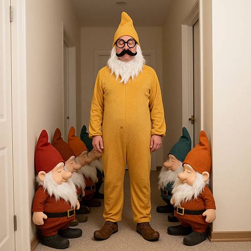 Photograph of a person in a yellow gnome suit with a white beard and black-rimmed glasses, surrounded by four gnome figurines in a narrow