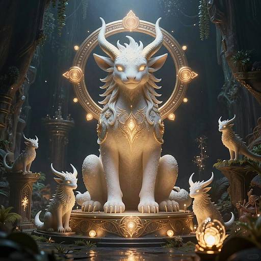 Digital artwork of a glowing, ornate white lion-statue with horns, surrounded by smaller horned creatures, in a dark, mystical forest temple.