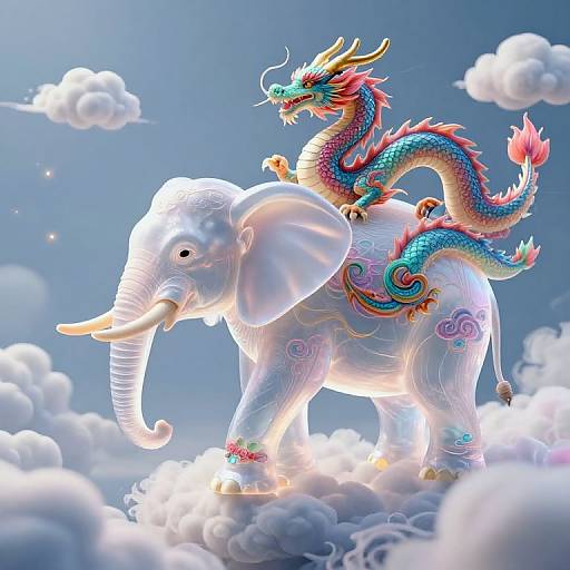 Digital artwork: A colorful, ornate dragon rides on a white, glowing elephant amidst fluffy clouds against a bright blue sky.