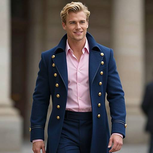 Photograph of a smiling, blonde-haired man in a navy blue double-breasted coat with gold buttons, pink shirt, and dark pants, standing outdoors