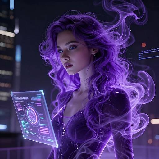 Digital CGI of a glowing purple-haired woman with neon blue eyes, wearing a black, form-fitting top, holding a holographic laptop against a futuristic