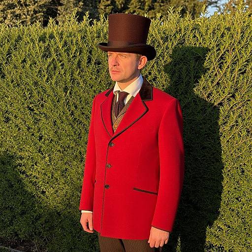 Elegant Man in Red Jacket at Garden