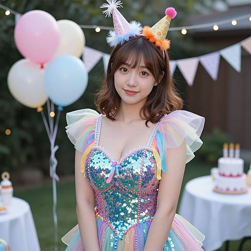 Asian woman in a sparkly, rainbow-colored dress with puffed sleeves and a starry headband, wearing a party hat, stands outdoors at a