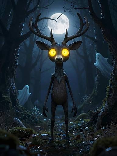 Digital art: Dark forest at night with glowing yellow eyes of a menacing, antlered deer in the center, illuminated by full moon, surrounded by