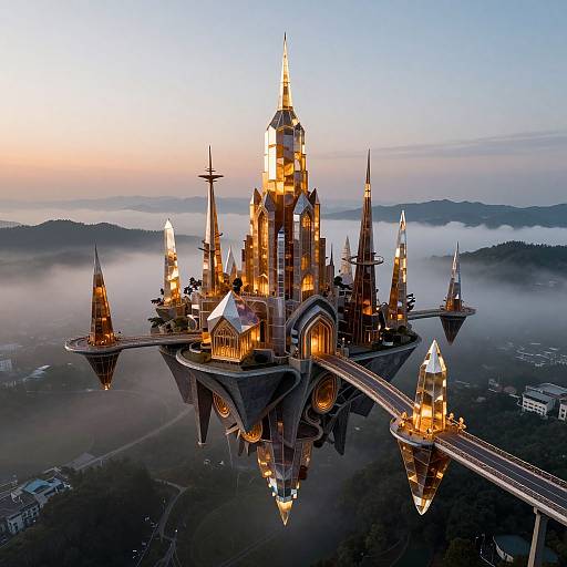 Photograph of a futuristic, illuminated castle floating above misty hills at sunrise, featuring multiple spires, intricate architecture, and glowing windows.
