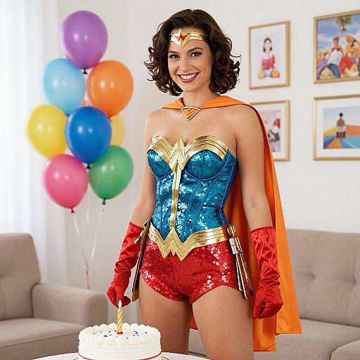 Photograph of a smiling woman in Wonder Woman costume with blue corset, red shorts, orange cape, red gloves, and crown, standing in a
