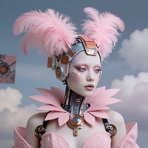 Cyberpunk-style female android with pink feathers, mechanical headgear, and pink ruffled dress, set against a blue sky with clouds. Digital artwork