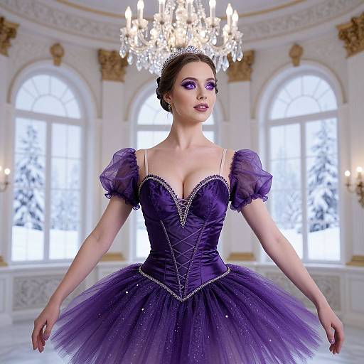 Photograph of a fair-skinned woman with dark hair in a purple ball gown with sparkling accents, standing in an elegant, ornate room with a