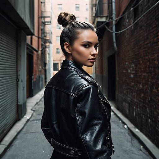 Fashion Model with Half-Up Bun in Leather Jacket
