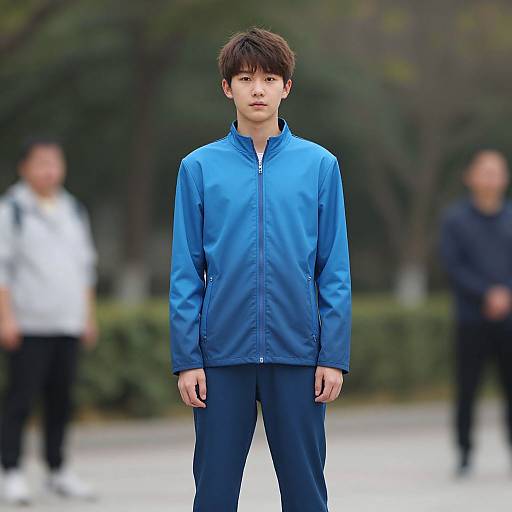 Photograph of a young Asian man with short brown hair, wearing a blue zip-up jacket and dark blue pants, standing outdoors with blurred background and two