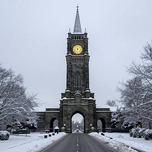 Photograph of a tall, dark stone clock tower with a glowing yellow face, centered between snow-covered arches on a wintry road.