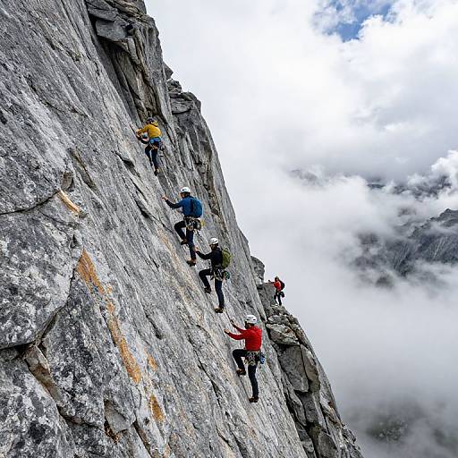 Photograph of five rock climbers ascending a steep, grey, rocky mountain peak with clouds below, wearing colorful jackets and helmets.