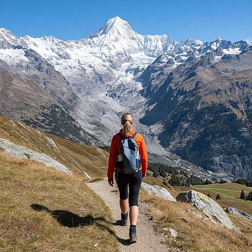 Photograph of a blonde woman in an orange jacket and black shorts, hiking towards snow-capped mountains under a clear blue sky.
