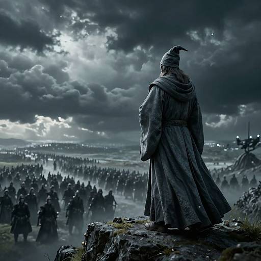 Mysterious robed figure with hood stands on rocky cliff, overlooking dark, misty army under stormy, moonlit sky in epic fantasy landscape.