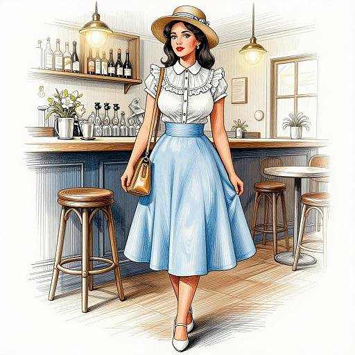 Digital illustration of a stylish woman in a white blouse, light blue skirt, sunhat, and white shoes, standing in a cozy café with wooden stools