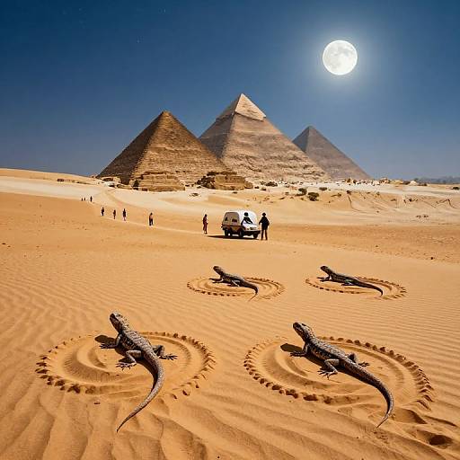 Photograph of a desert with three pyramids under a bright full moon, surrounded by three lizards with sand ripples.