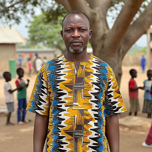 Photograph of a Black man with a short beard wearing a vibrant, geometric-patterned yellow, blue, and black shirt, standing outdoors with blurred children