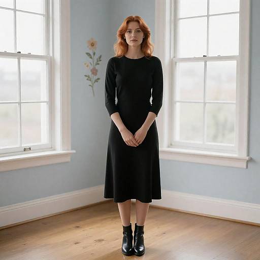 Woman in Black Dress Standing by Windows