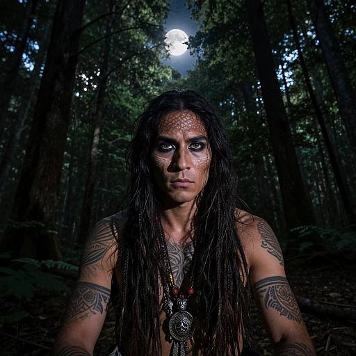 Photograph of a tattooed, long-haired person with painted white facial designs, wearing tribal jewelry, standing in a dark, moonlit forest.