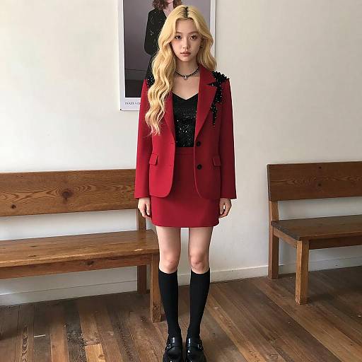 Young Woman in Stylish Red Outfit