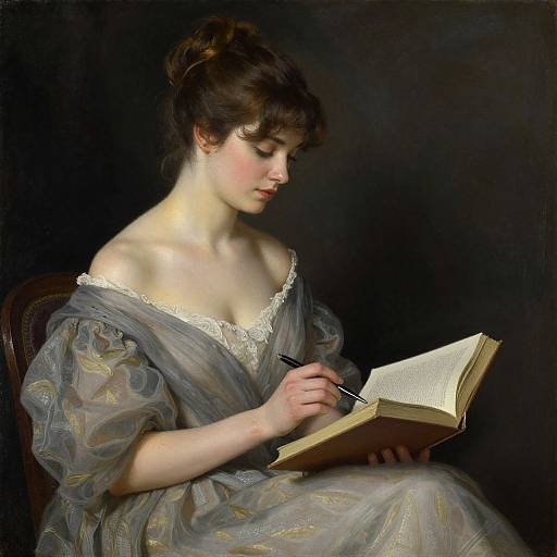 Photograph-style painting of a pale-skinned woman with dark brown hair, reading an open book, wearing a sheer, off-shoulder dress with