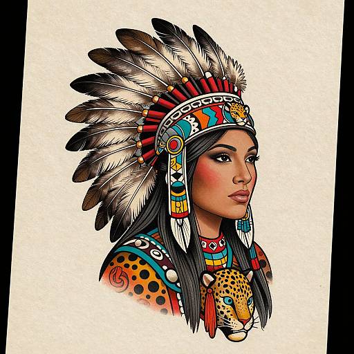 Digital illustration of a Native American woman with dark skin, black hair, wearing a colorful feathered headdress, leopard print necklace, and intricate jewelry against