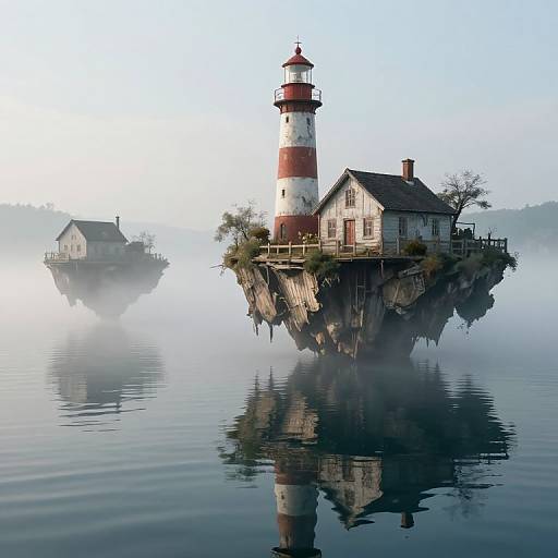 Photograph of misty lake with two isolated lighthouse islands; main lighthouse has red and white stripes, smaller house beside it. Calm water
