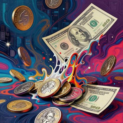 Digital illustration: Money bills and coins bursting with flames against a vibrant, swirling blue, purple, and pink background. Dynamic, fiery explosion.