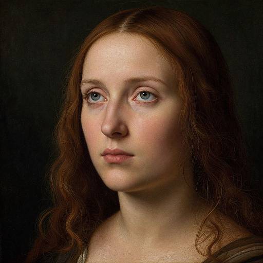 Photorealistic digital portrait of a fair-skinned, red-haired woman with blue eyes, wavy hair, and neutral expression, set against a dark