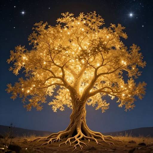 Photograph of a glowing golden tree with illuminated leaves against a starry night sky, standing on a barren, grassy landscape.