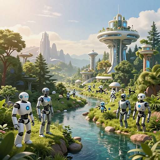 CGI image of futuristic robot sentries standing beside a lush, green river in a sci-fi cityscape with towering, circular buildings. Bright sunlight filters