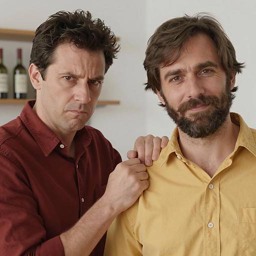 Two Men with Contrasting Expressions Indoors