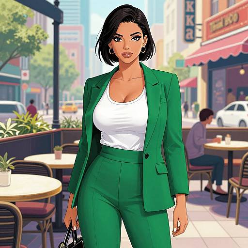 Digital illustration of a confident woman with short black hair, green blazer, white tank top, and green pants, standing in a sunny urban café.