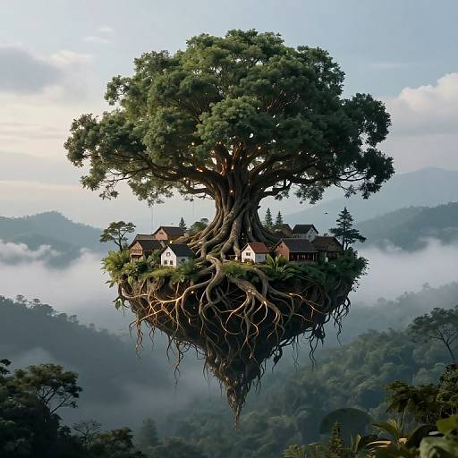 Fantastical digital artwork of a giant tree with sprawling roots supporting a small village of houses, floating above a misty, mountainous landscape.