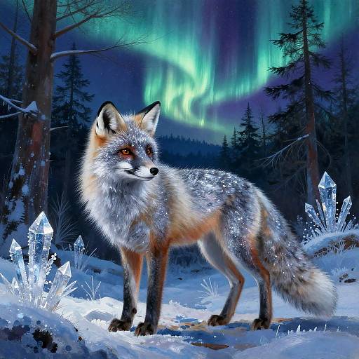 Photorealistic digital art of a red fox standing in a snowy forest, surrounded by glowing ice crystals, with vibrant green aurora borealis in the