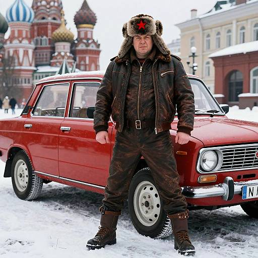 Photograph of a middle-aged man in winter camouflage, fur hat with red emblem, standing confidently by a red Soviet-era car, in front of a
